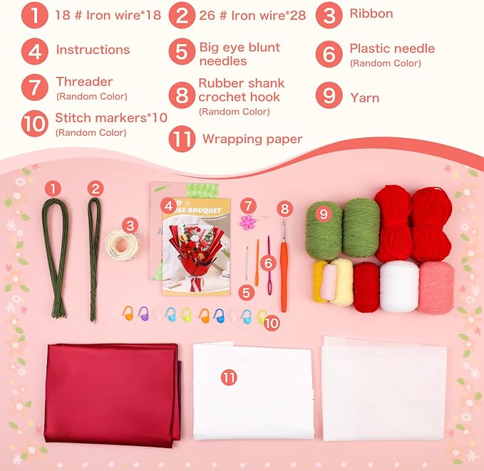 Iuuidu Crochet Kit for Beginners, Flower Bouquet Crochet Kit Rose Red