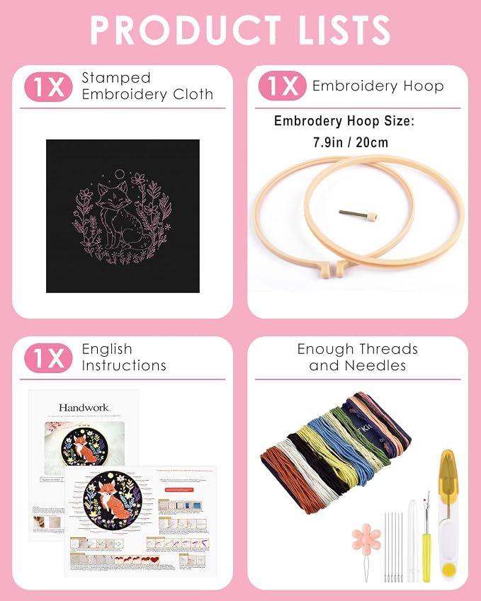 TINDTOP Embroidery Kit for Beginners Adult, Fox Embroidery Kit | Include Embroidery Cloth Hoops Threads for Craft Lover Hand Stitch with Embroidery Skill Techniques
