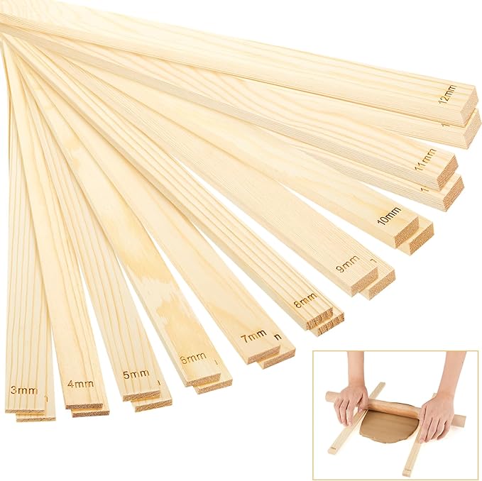 Sasylvia 20 Pcs Clay Pottery Rolling Pin Guides,10 Size,Wood Color | Wooden, Teaching Rolling Mud Stick Guide, Polymer Clay Depth Thickness Guide, Pottery Mudboard Tool
