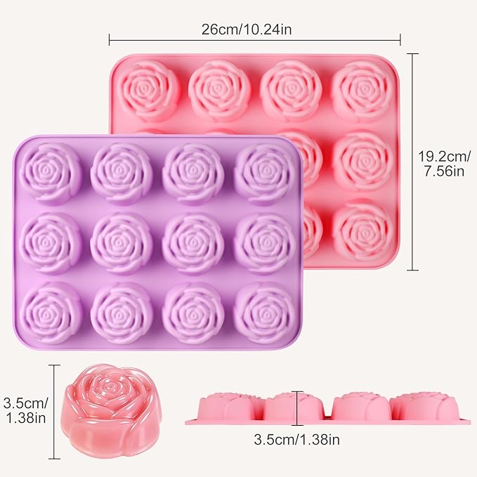 AgePlace 2 Pack Rose Silicone Mold, 24 Cavities Rose Chocolate Mold, Food-Grade Flower Silicone Molds for Chocolate, Candy, Ice Cube, Gummy, Jello, Soap, Candles