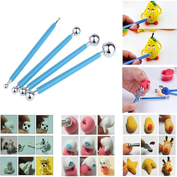 Ecjiuyi 9PCS Sculpting Tools,4PCS Double-Ended Metal Ceramic Clay Ball Stylus Dotting Tools and 5PCS 2 Way Silicone Polymer and Embossing Paper Flower Indentation Tool Set