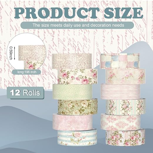 12 Rolls Floral Washi Tape Set,Vintage Pink,Cottagecore | Watercolor Flowers Design for Scrapbook Journal DIY Craft School Supplies, 15 mm Vintage Decorative Masking Washi Tapes