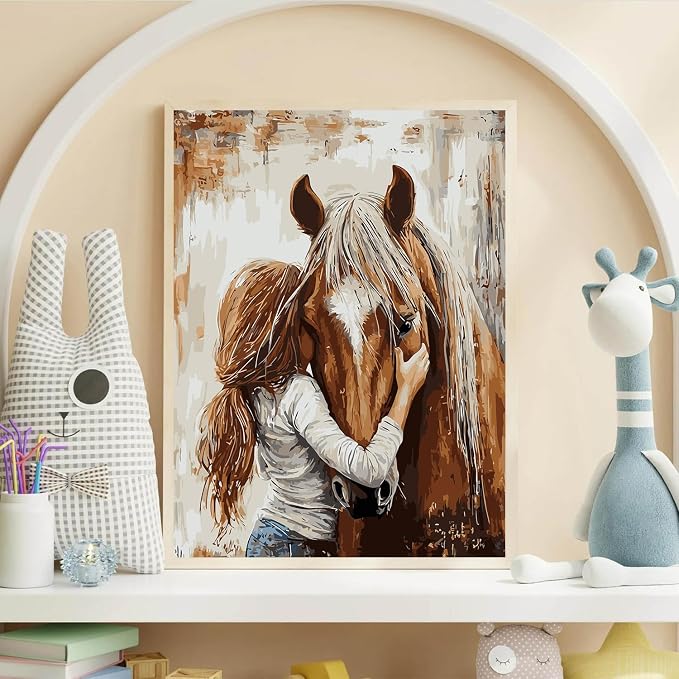 Girl Hugging Chestnut Horse Paint by Numbers Kit for Adults Beginner | Vintage Adult Paint by Number Kits on Canvas, Funny DIY Acrylic Oil Easy Painting by Numbers for Home Wall Decor&Gift12X16 in
