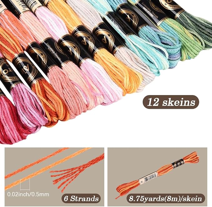 12 Skeins 105 Yards Colorful Cross Stitch Floss Embroidery Thread 6 Ply Variegated Friendship String Polyester Threads Bulk for Sewing Making Bracelets Clothes Stitching Decor Crafts DIY