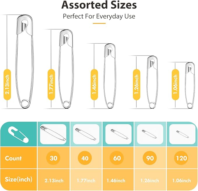 Huhuhero 340 Pack Silver Safety Pins Assorted, 5 Different Sizes Pin Bulk