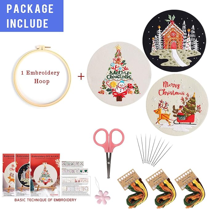 LB Christmas Embroidery Kit for Beginners Adults, 3 Sets Hand Embroidery Starter Kit with Snowman Pattern and Instructions Stamped Cross Stitch Kits Include Embroidery Hoop Needles Threads Scissors