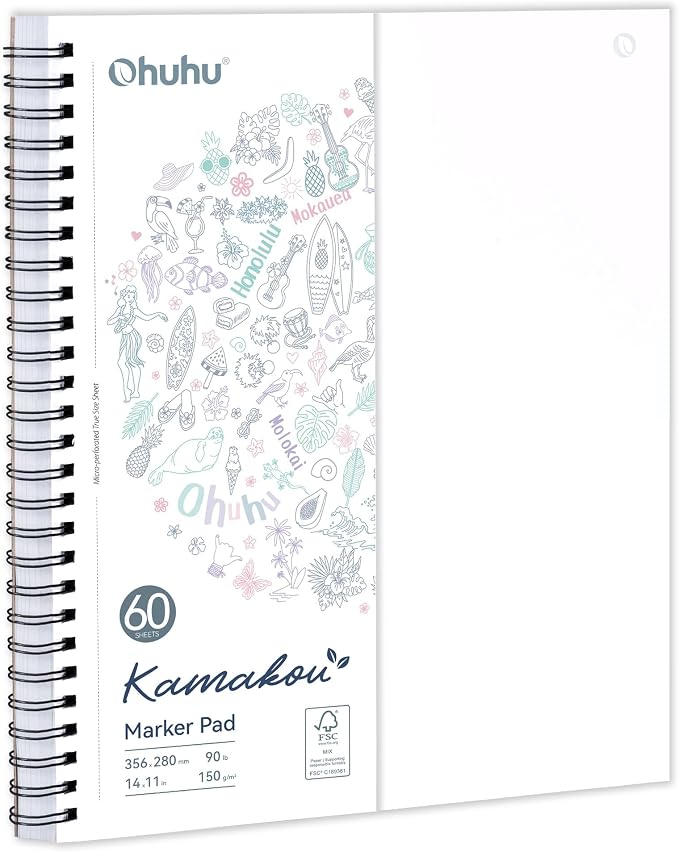 Ohuhu 11"x14" Double-Sided Bleedproof Marker Pad Art Sketchbook 60 Sheets | Large Sketch Book - 90 LB/150 GSM Smooth Drawing Paper - 60 Sheets/120 Pages - Spiral-Bound Sketch Pad for Alcohol Markers