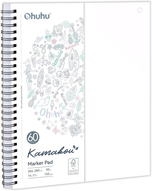 Ohuhu 11"x14" Double-Sided Bleedproof Marker Pad Art Sketchbook 60 Sheets | Large Sketch Book - 90 LB/150 GSM Smooth Drawing Paper - 60 Sheets/120 Pages - Spiral-Bound Sketch Pad for Alcohol Markers