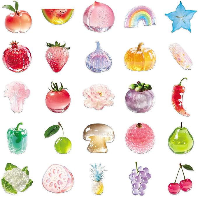 Fruit Stickers Pack 50 PCS, Jelly Aesthetic Waterproof Die-Cut Glossy Crystal Sticker Set for Water Bottles Laptop Luggage Skateboard, Scrapbook Journal Phone Case Notebook (colours-F16)