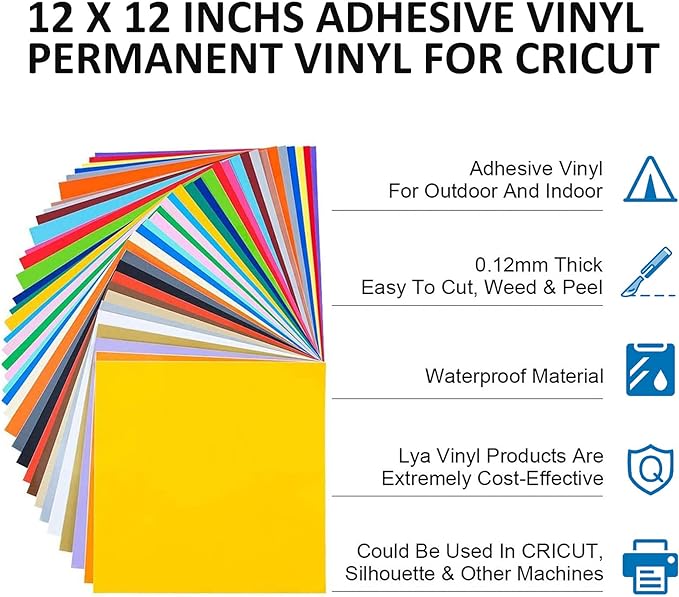 Lya Vinyl 65 Pack Permanent Vinyl, Self Adhesive Vinyl Sheets for Cutting Machine, Permanent Outdoor Sheets for Party Decoration, Sticker, DIY Mug, Car Decal