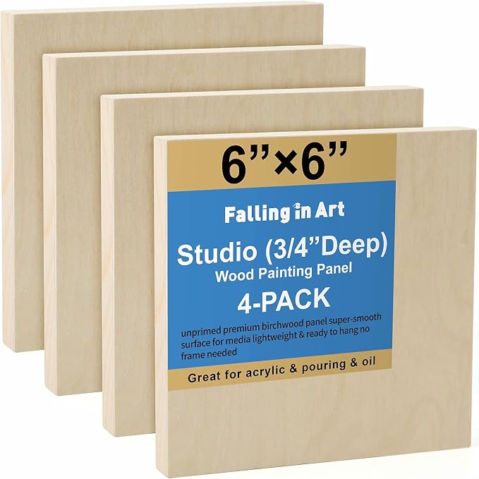 Falling in Art 4 Pack 6x6’’ Unfinished Birch Wood Panels Kit for Painting | Studio 3/4’’ Deep Wooden Canvas, Cradle Boards for Acrylic Pouring, Art, Crafts, Epoxy Resin, Laser Engraving Cutting