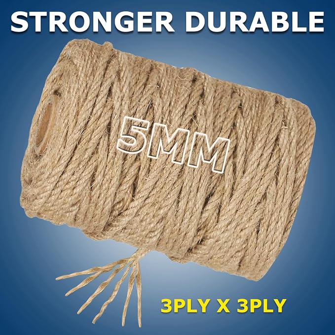 Vanhench Jute Rope 5MM (1/5 inch) 106 ft | 6Ply Twisted, Heavy Duty and Thick Twine Rope Bulk, Crafts Projects Cat Scratcher Post Tree Arts & Crafts Home Decoration