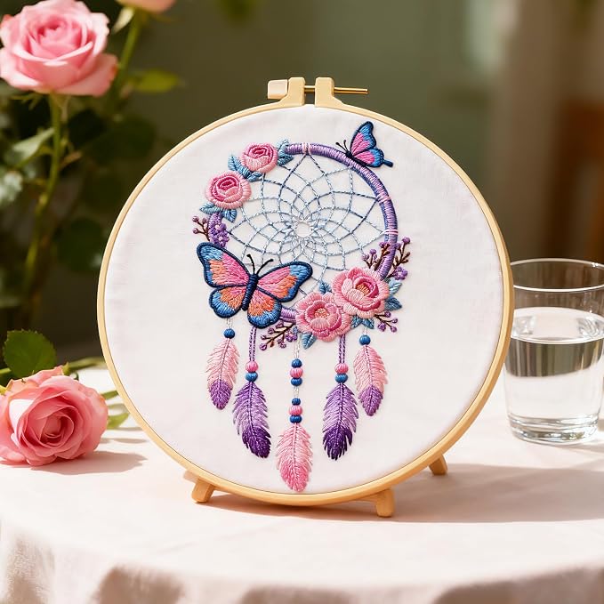 BEUNITONE 4 Set Dream Catcher Embroidery Kit for Beginners 7.9"x7.9" | DIY Craft Kits for Adults Women with Embroidery Hoops, Instructions, Handmade Needlepoint Kits for Craft Lover and Home Decor