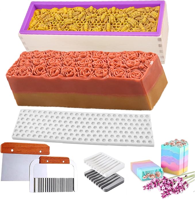 Soap Making Kit, 44oz Silicone Soap Making Liner Wood Box with Beehive & Hexagon & Rose Mat Creative Honeycomb Mat Mold for DIY Soap Making (Purple & Pink) (Pink Mold-Hexagon)