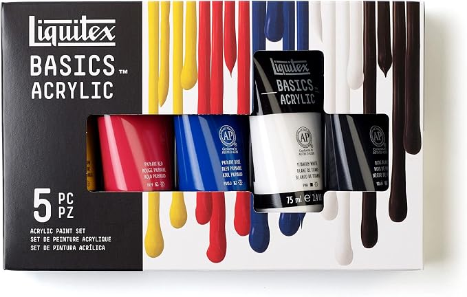 Liquitex BASICS Acrylic Paint Set, 5 x 75ml (2.4-oz) Tube Paint Set | Medium Viscosity, Satin Finish, Lightfast, Fine Art Pigments, Range of Opacities, Easy Blending