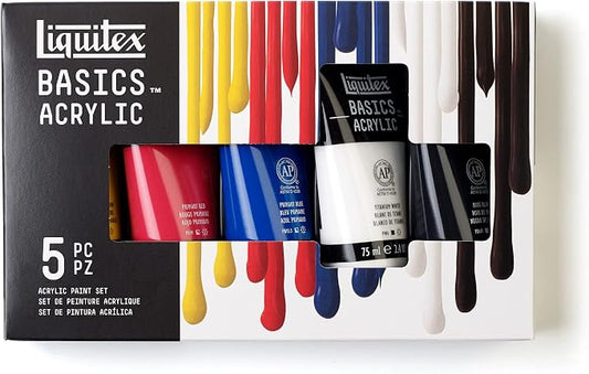 Liquitex BASICS Acrylic Paint Set, 5 x 75ml (2.4-oz) Tube Paint Set | Medium Viscosity, Satin Finish, Lightfast, Fine Art Pigments, Range of Opacities, Easy Blending