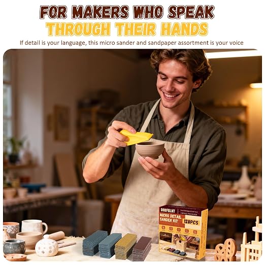 128PCS Premium Micro Sander & Sandpaper Kit, Detail & Mini Hand Sander with Small Sanding Block, 80–3000 Grit Sandpaper Assortment for Wood, Crafts, Furniture, Tight Spaces & DIY Projects