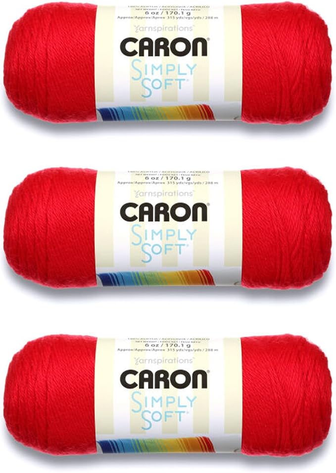 Caron Simply Soft 3-Pack Yarn, 3oz, Gauge 4 Medium Worsted, 100% Acrylic -Red - Machine Wash & Dry | #4 Worsted Medium, Soft 100% Acrylic Yarn for Crochet, Knitting, Blankets and Crafts, 315 Yards, 170.1g/6oz per skein