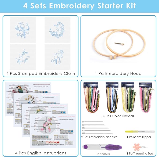 ERKOON 4 Sets Embroidery Kit for Beginners,Hummingbird and Flower Cross Stitch Set for Include Embroidery Cloth Hoops Threads for Craft Lover Hand Stitch (Flowers and Birds)