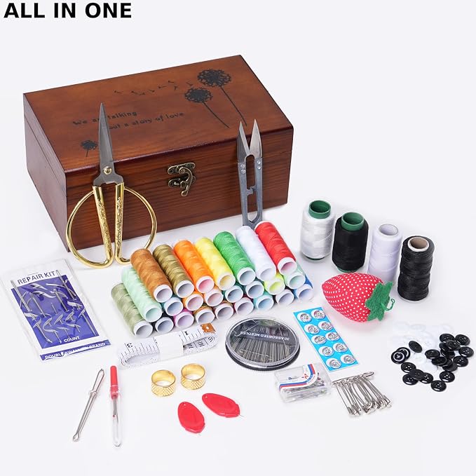 Wooden Sewing Kit Box, Wooden Sewing Box with Sew Kit Accessories | Sewing Repair Kit Sewing Basket, Basic Sewing Kit for Adults, Beginner Universal Home Sewing Repair Tool Kit Sewing Set