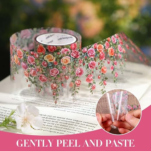 3 Rolls Floral Washi Tape Set, Colorful Rose Vine Scrapbook Tape Self-Adhesive Washi Tapes Vintage Flower Stickers for Journaling, PET Floral Tape Stickers for Scrapbooking Junk Journal Supplies