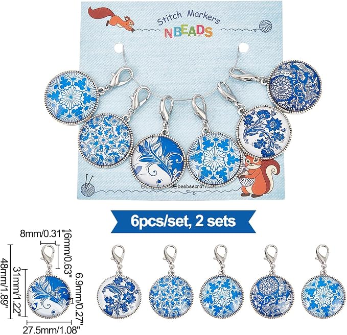 NBEADS 12 Pcs Glass Flat Round with Blue and White Porcelain Pattern Stitch Markers, Zinc Alloy Lobster Claw Clasps Crochet Stitch Marker Charms for Crochet Accessories Quilting Jewelry Making