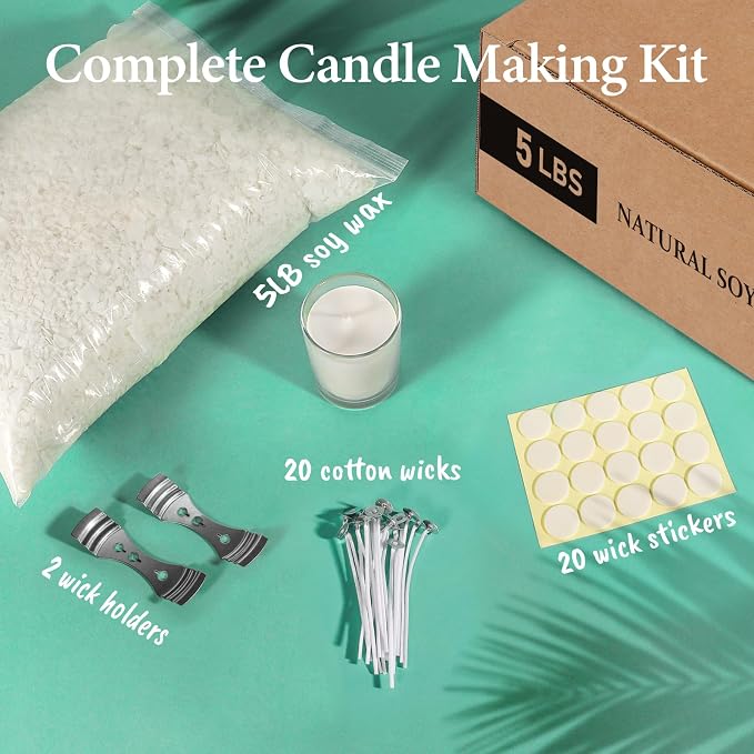 SAEUYVB 5 lbs Soy Candle Wax for Candle Making,Natural Soy Wax Flakes | Soy Wax for Candle Making with 20 Candle Wicks,20 Wick Stickers and 2 Centering Devices,DIY Candle Making Supplies