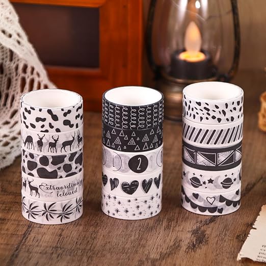 Washi Tape Set, 60 Rolls Decorative Masking Tape Bulk for Scrapbooking | Black White Bullet Journal, DIY Arts and Crafts, Planner, Gift Wrapping, Gothic Aesthetic Grid Geometric Patterns