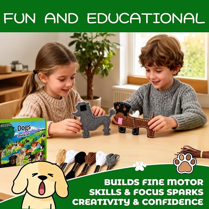 GOASION Sewing Kit for Kids, 12 Pcs Dog Craft Set, Ages 5+
