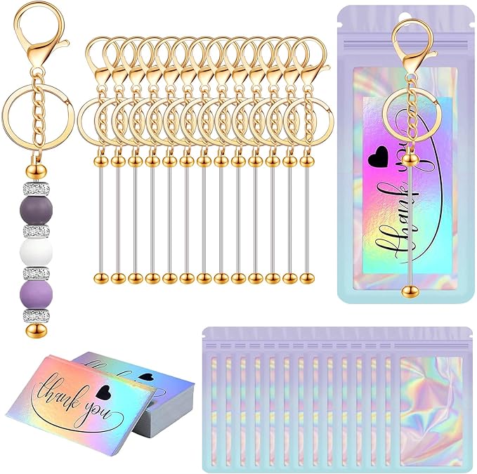 42/84/126 Pcs Beadable Keychain Bars Bulk Blank DIY Beaded Keychain Making Supplies with Bag Thank You Card