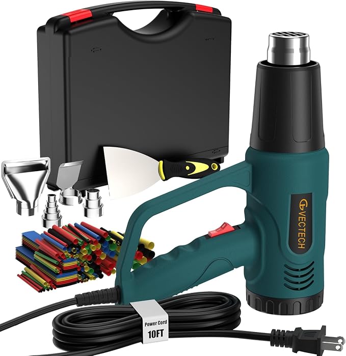 Heavy Duty Heat Gun Kit with Carrying Case, 10FT Long Power Cord, 4 Nozzles, Paint Scraper & Heat Shrink Tubing, Dual Temp Settings, Professional Hot Air Gun for Paint Removal, DIY, PVC
