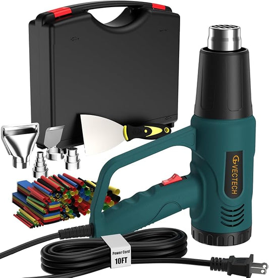 Heavy Duty Heat Gun Kit with Carrying Case, 10FT Long Power Cord, 4 Nozzles, Paint Scraper & Heat Shrink Tubing, Dual Temp Settings, Professional Hot Air Gun for Paint Removal, DIY, PVC