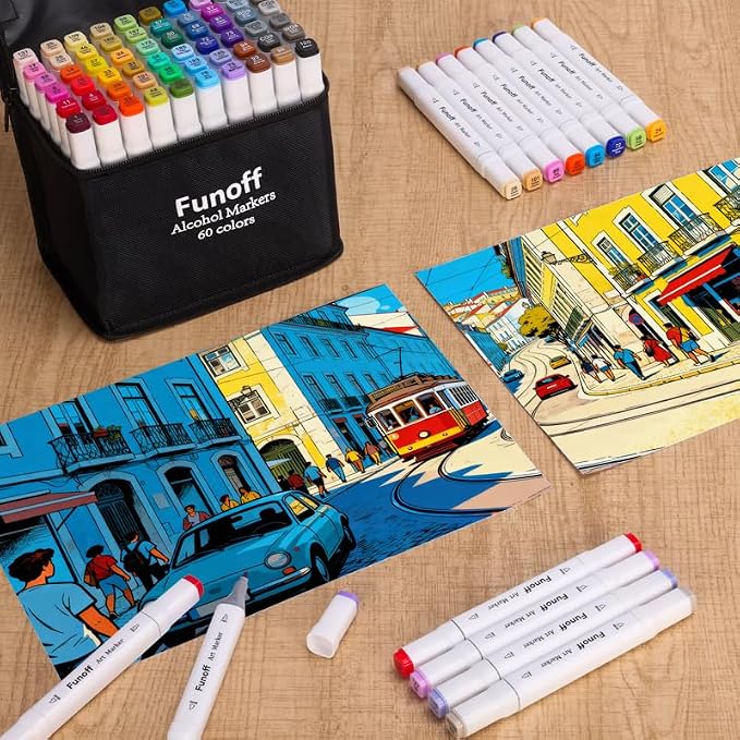 Funoff Alcohol Markers 60 Colors Fine & Chisel Dual Tip Art Marker Set | Permanent Coloring Markers with Carrying Case for Adult Coloring Drawing Sketching Illustration