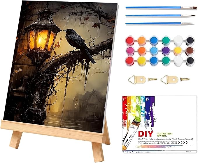 PHANTASYART Gothic Crow Framed Paint by Number with Wooden Easel 12x16inch | Gothic Adult Paint by Numbers, Horror Crow Canvas Paint by Numbers for Adults, DIY Acrylic Painting Kits for Adults