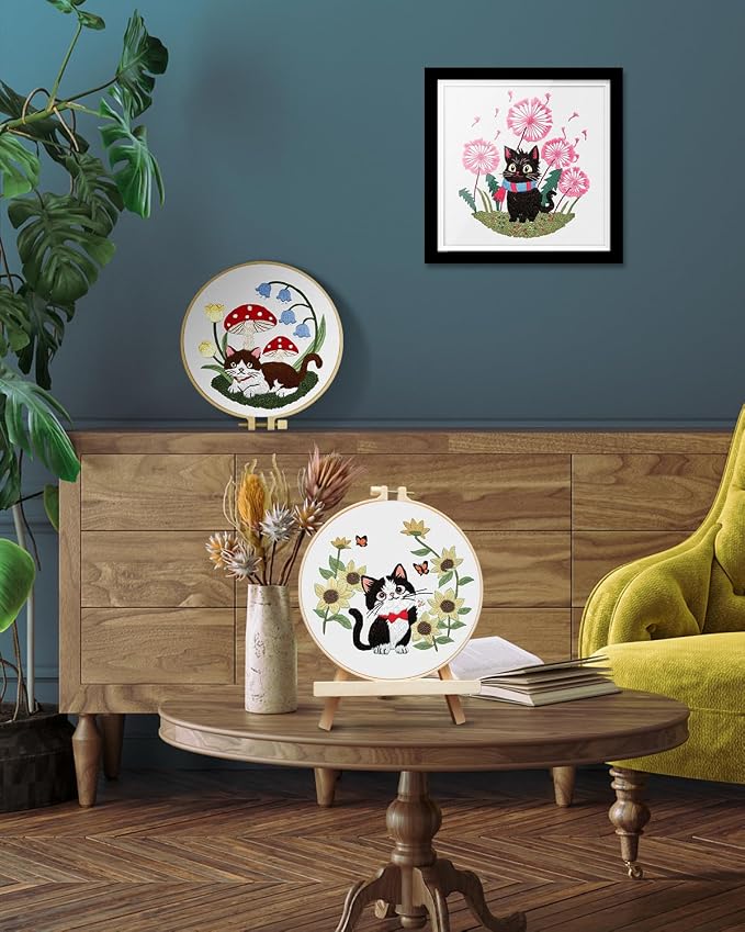 TINDTOP Embroidery Kit for Adults, Cat Embroidery Practice Kit | for Beginners Include Embroidery Cloth Hoops Threads for Craft Lover Hand Stitch with Embroidery Skill Techniques