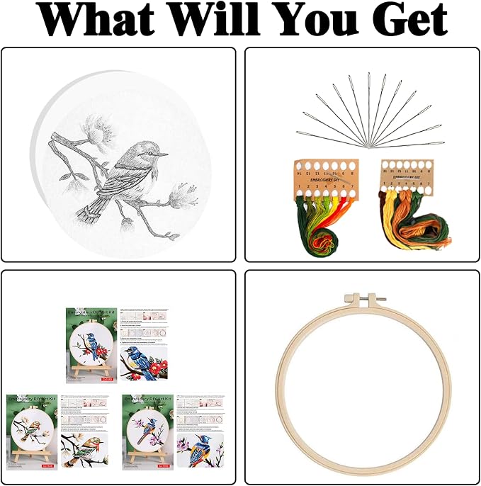 GLTAYLMY 3 Sets Embroidery Kit for Beginners Needlepoint Cross Stitch Kits for Adults,Stitch Learning DIY Kit with Easy Instruction,Stamped Bird Embroidery Patterns,Hoop,Threads,Sewing Hobby