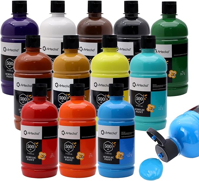 Artecho 12 Colors Acrylic Paint Set 500ml / 17oz Large Bottle