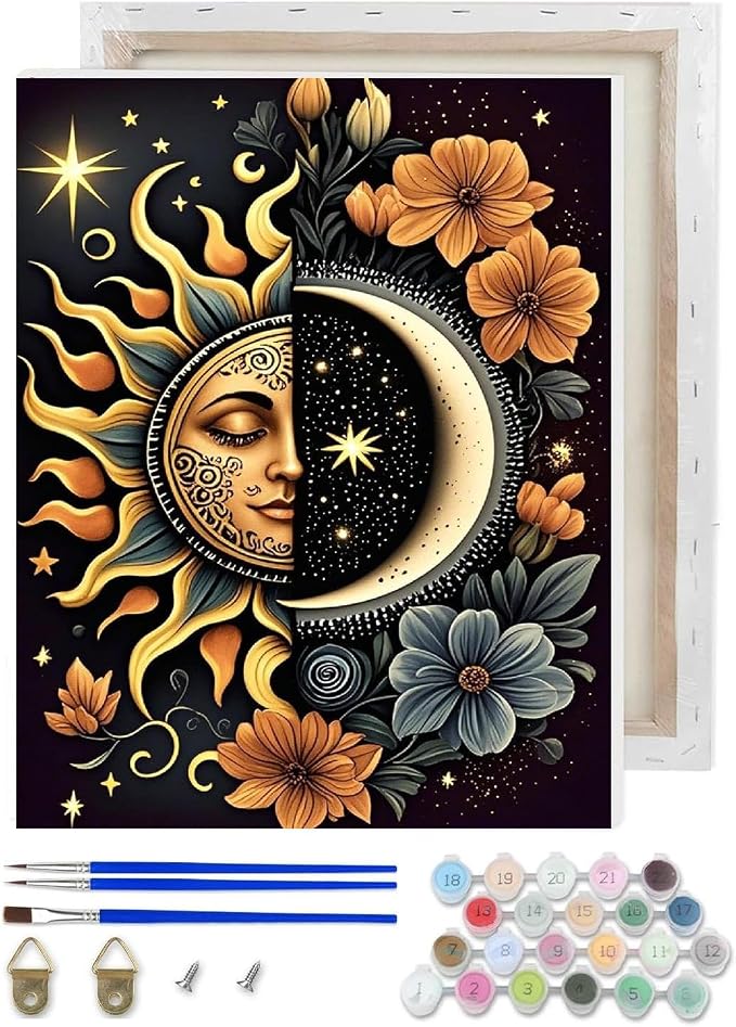 Celestial Body Paint by Numbers Kit for Adults Beginner with Framed,Sun and Moon Easy Adult Paint by Number Kits on Canvas DIY Painting for Beginners Art by Numbers for Home Wall Decor 10x12 Inch