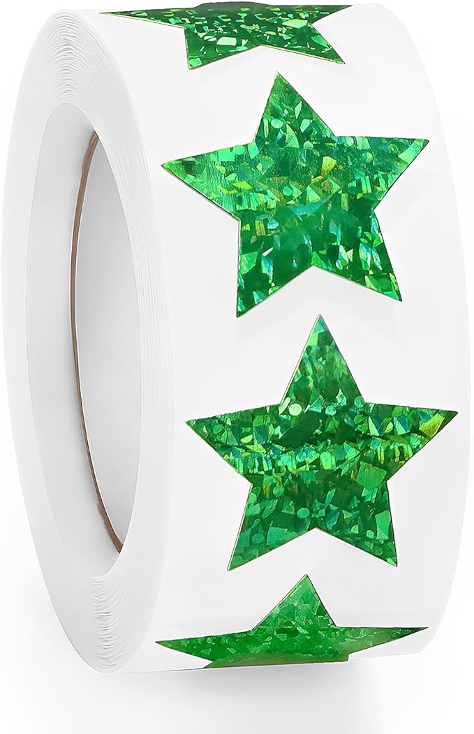 Imeepa 500PCS Holographic Sparkly Green Star Stickers, 1" Reward Labels