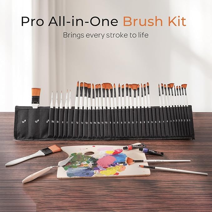 Nicpro 40 PCS Paint Brush Set, Professional Acrylic Paint Brushes | Suitable for Acrylic Painting, Oil, Watercolor, Gouache, Includes Palette Knife & Canvas Roll, Painting Supplies for Artist