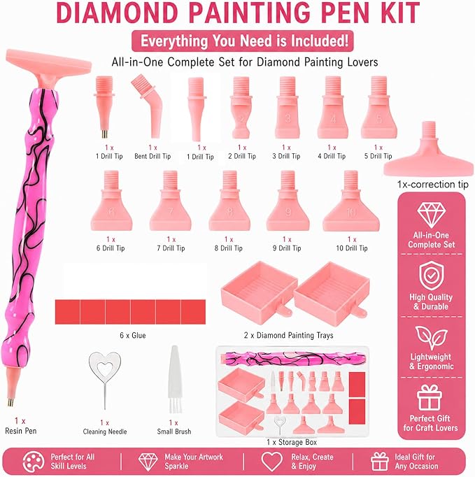 ZYNYXY 25PCS Ergonomic Diamond Art Pens Kits, Resin Diamond Painting Pen with Multifunctional Plastic Screw Thread Tips for 5D Diamond Painting (Black Stripe Pink)