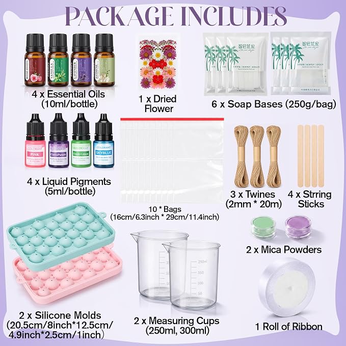 DIY Grape Soap Making Kit Complete Craft Set with with Natural Soap Base Silicone Molds Mica Powder Dried Flowers Coloring Agents and Essential Oils for Homemade Gifts Home Party Decor