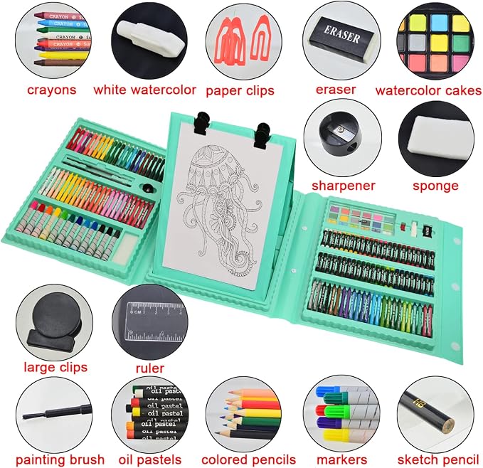 Sunnyglade 185 Pieces Double Sided Trifold Easel Art Set Art Supplies Green | Art Kit Drawing Art Box with Oil Pastels, Crayons, Colored Pencils, Markers, Paint Brush, Watercolor Cakes, Sketch Pad