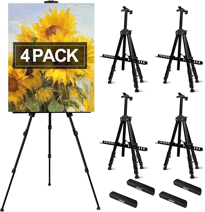 AROIC 4 Pack Art Painting Display Easel Stands Portable Adjustable | Aluminum Metal Tripod Artist Canvases Height from17 to 66 In Extra Sturdy forTable-Top/Floor Paint, Black with 4 Storage Bag