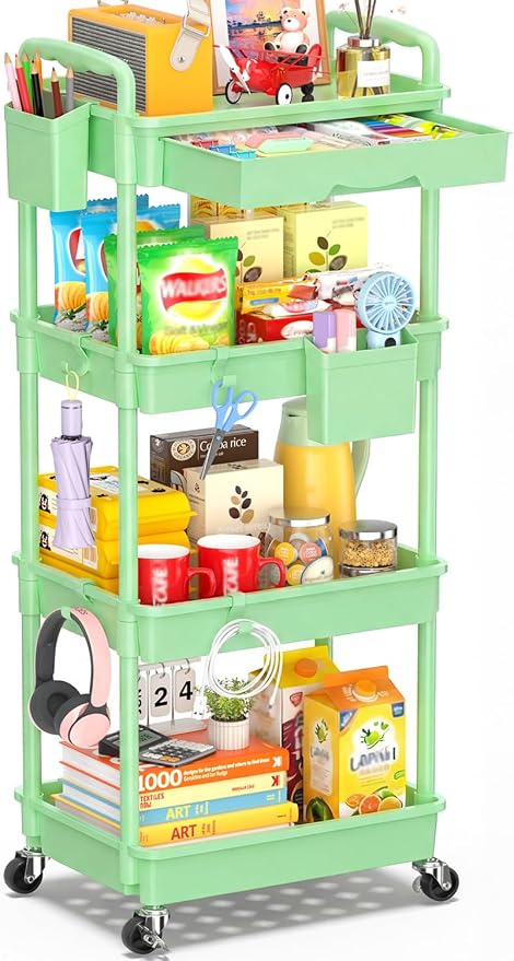 SUNALLY 4 Tier Rolling Cart with Drawer, Craft Storage Cart Organizer,Green