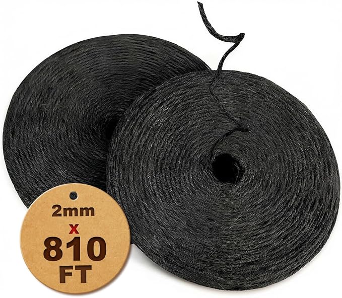 810FT Natural Jute Twine String Bulk Hemp Rope Cord for Crafts Gardening Gift Wrapping Wedding Décor Packing Material Burlap Ribbon Christmas Knitting Macrame Decoration (Black 2mm* 810ft)