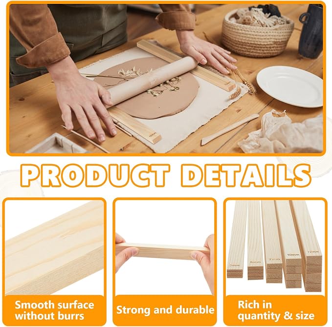 Sasylvia 20 Pcs Clay Pottery Rolling Pin Guides,5 Size,Wood Color | Wooden, Teaching Rolling Mud Stick Guide, Polymer Clay Depth Thickness Guide, Pottery Mudboard Tool