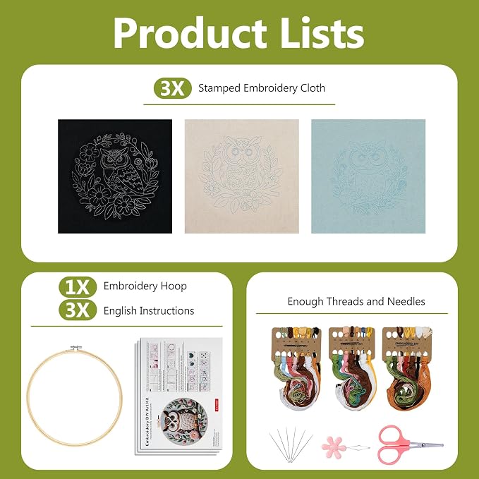 Santune Embroidery Kit for Beginners Needlepoint Cross Stitch Kits Adult Needle Point Sets with Owl Embroidery Patterns, Includes Step-By-Step Instructions and Accessories