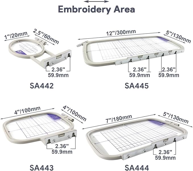 Sew Tech 4pcs Embroidery Hoop for Brother, 1x2.5 4x4 5x7 5x12in Frame Set | Fits PE900 SE2000 PE800 PE780D PE770 PE700 SE2100 SE1950 SE1900 NS1250E NS2850D Brother; Baby Lock Bloom Accord Ellure