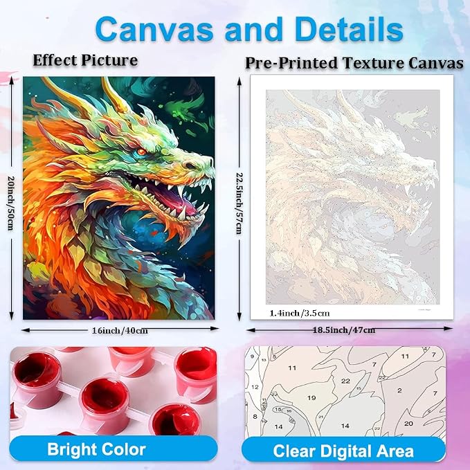 Artunion Colorful Dragon Paint by Numbers for Adults, Animal Paint by Number Kits, DIY Oil Painting Paint by Number Kits on Canvas Arts Craft for Home Wall Decor 16x20 Inch